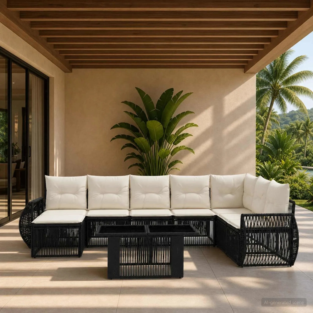 Set Divano da Giardino 9 pz Nero e Bianco Crema polyrattan 3436987