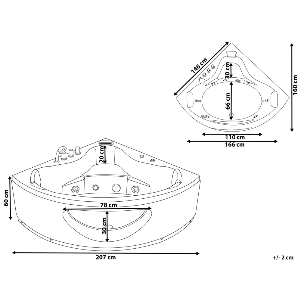 Vasca Idromassaggio Angolare Bianco Sanitario Acrilico con Luci LED 10 Getti Massaggio 146 x 146 cm Stile Moderno