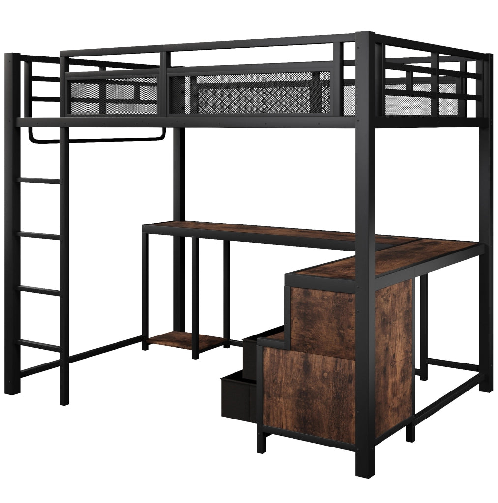 Letto a soppalco ULEVR 140x200 cm con scrivania, ripiani, barra appendiabiti, LED e USB, nero