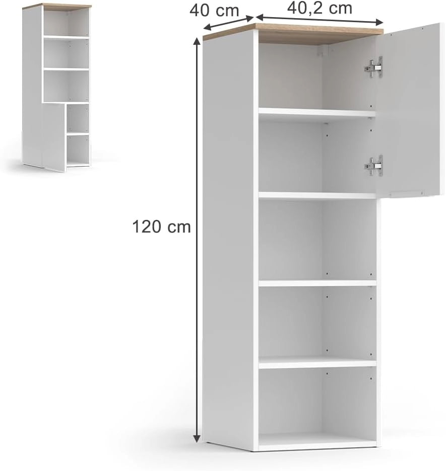 Armadio universale Wido, Bianco/Sonoma, 40.2 x 120 cm con una porta, adatto per la conservazione di oggetti domestici