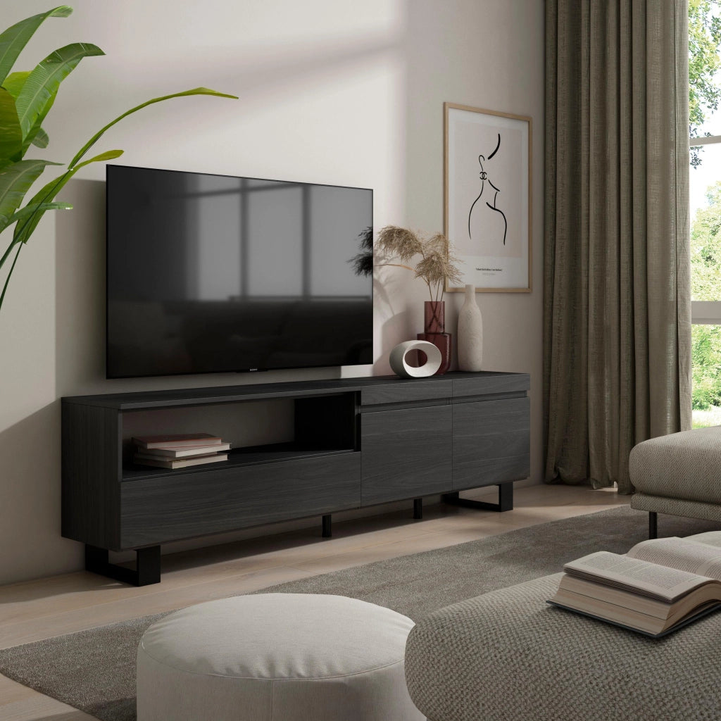 Mobile TV, 200x35x57cm, soggiorno, Per TV fino a 80", Design industriale, Nero RF2179