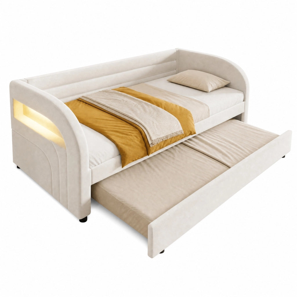 Letto imbottito singolo 90x200 cm con letto estraibile e LED laterale; flanella beige