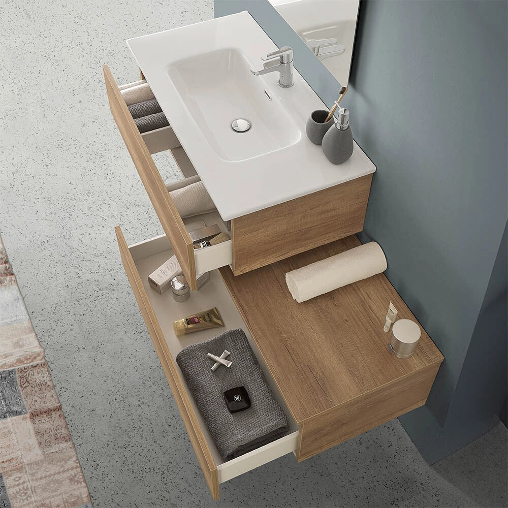 Mobile bagno sospeso 90 cm rovere naturale con base lavabo e cassetto Nadia