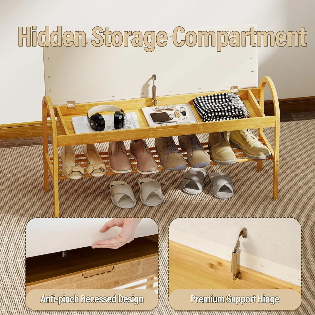 Panca Porta Scarpe in Bambù con Seduta, Mobile Scarpe da Ingresso con Coperchio a Ribalta, Scomparto Nascosto, Organizzatore per Soggiorno, Camera o Corridoio, 101 x 31 x 51 CM (Beige)
