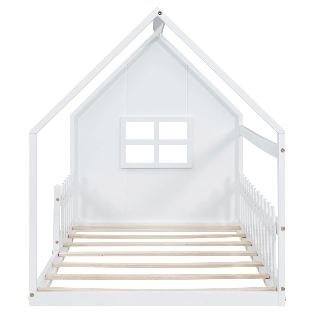 Letto per bambini 90x200 cm a forma di casetta; in pino e MDF; bianco