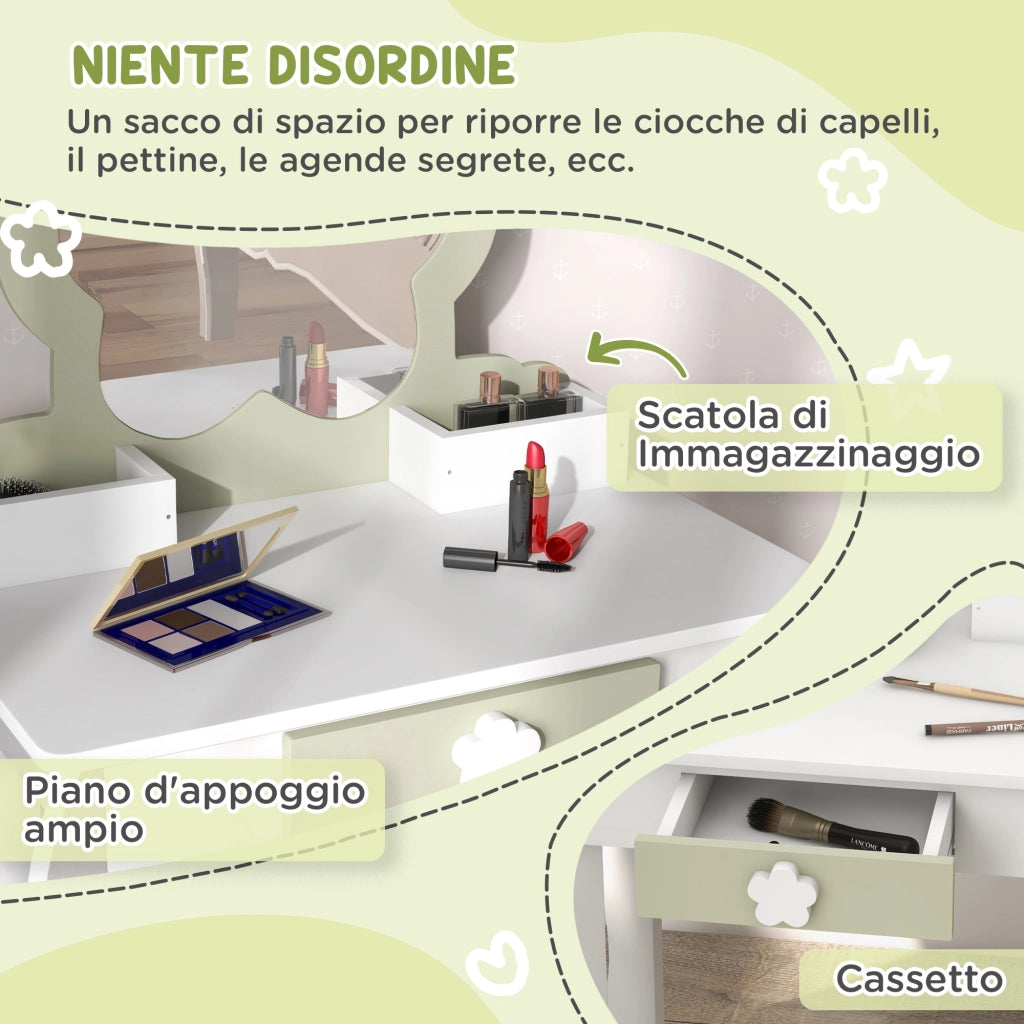 Set Toeletta per Bambina con Specchio e Sgabello ¨C Zephmum ¨C Legno Bianco con Cassetto