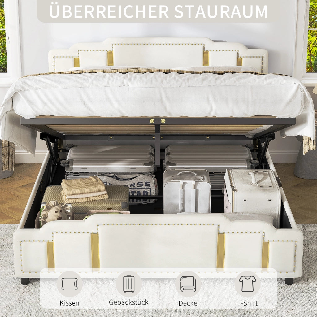 Letto contenitore matrimoniale 140 × 200 cm con LED regolabile e sollevamento idraulico, senza materasso, velluto beige