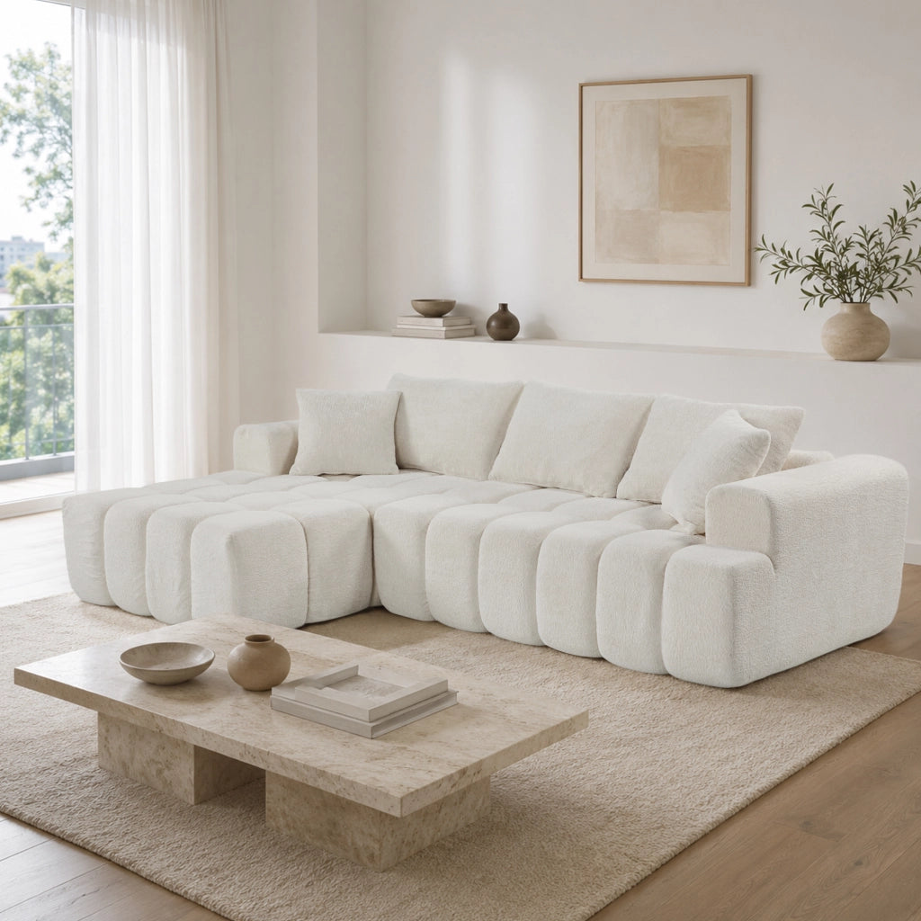 Divano angolare modulare in velluto bianco con chaise longue e cuscini inclusi