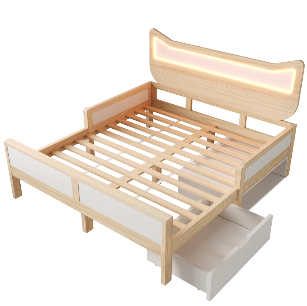 Letto per bambini 140x200 cm con LED; cassetto e vano contenitore; legno bianco e rovere