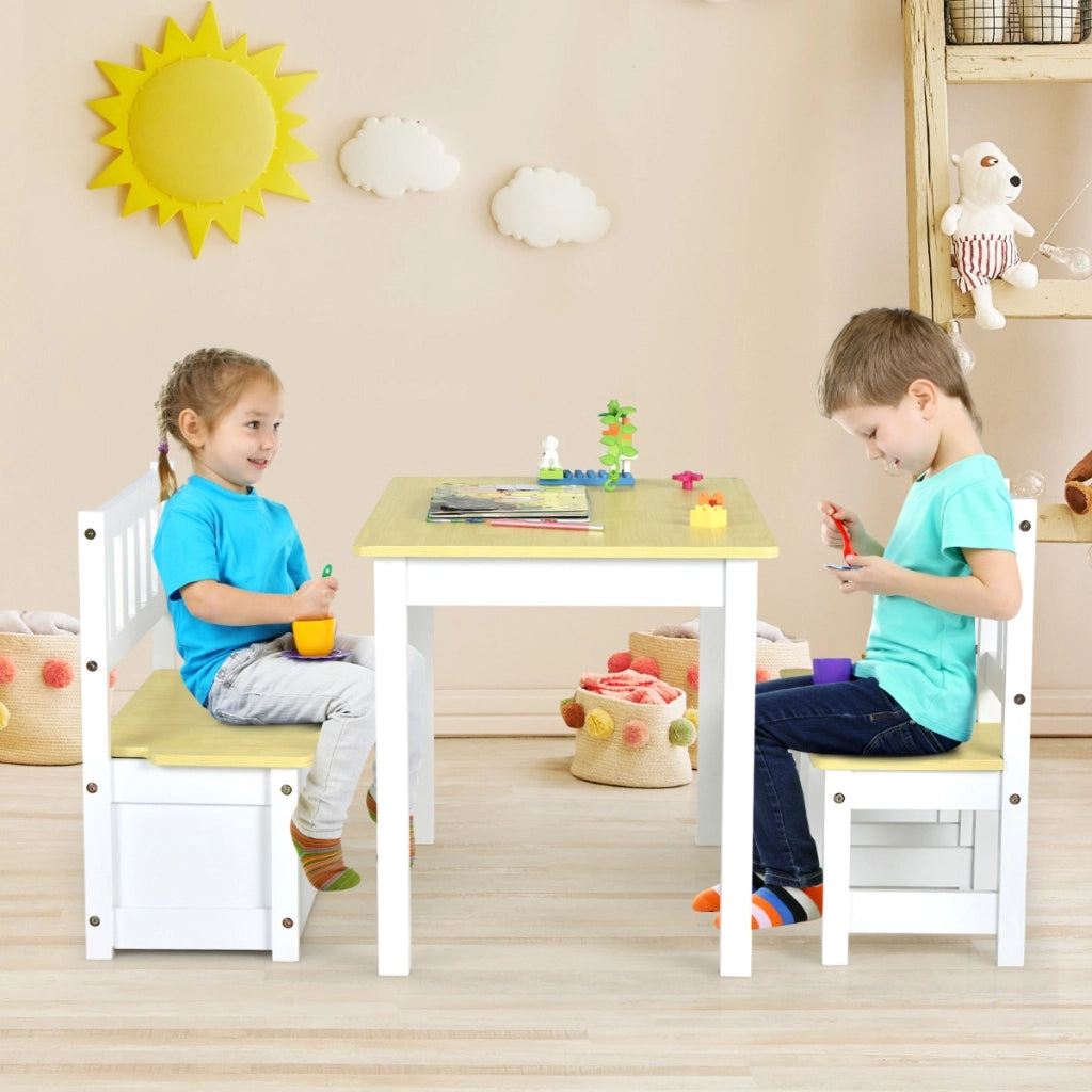 Set tavolo attivit¨¤ di legno 2 in 1 con 2 sedie e 1 panca, Set 4 pezzi tavolo e sedie per bambini Naturale-Tavoli e sedie