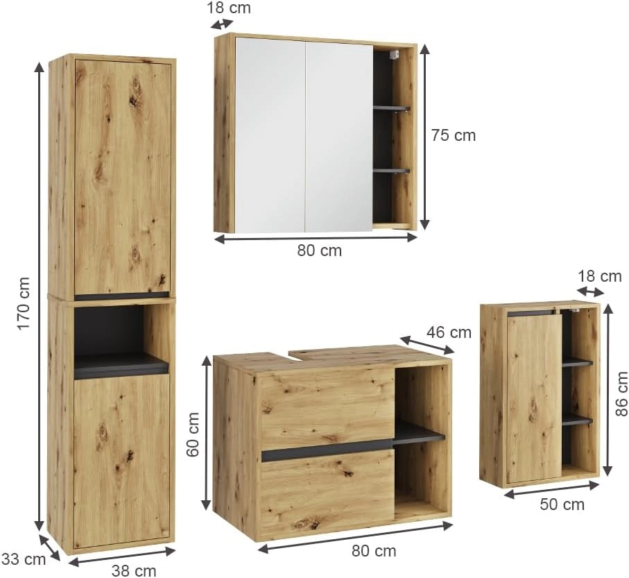 Set di mobili da bagno Viola, Artigiano/grigio, 80 cm, composto da mobile lavabo, pensile a specchio, colonna e base media
