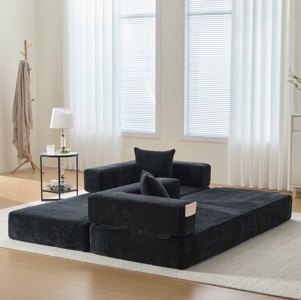 Divano modulare in ciniglia nero 198x79x60 cm