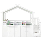 Letto a Castello 90x200 cm con Armadio; 3 Scomparti Scala; Tetto; Bianco Verde
