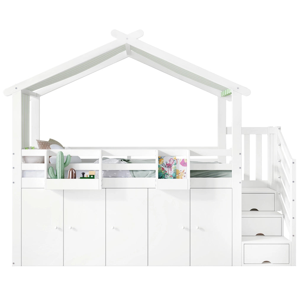 Letto a Castello 90x200 cm con Armadio; 3 Scomparti Scala; Tetto; Bianco Verde