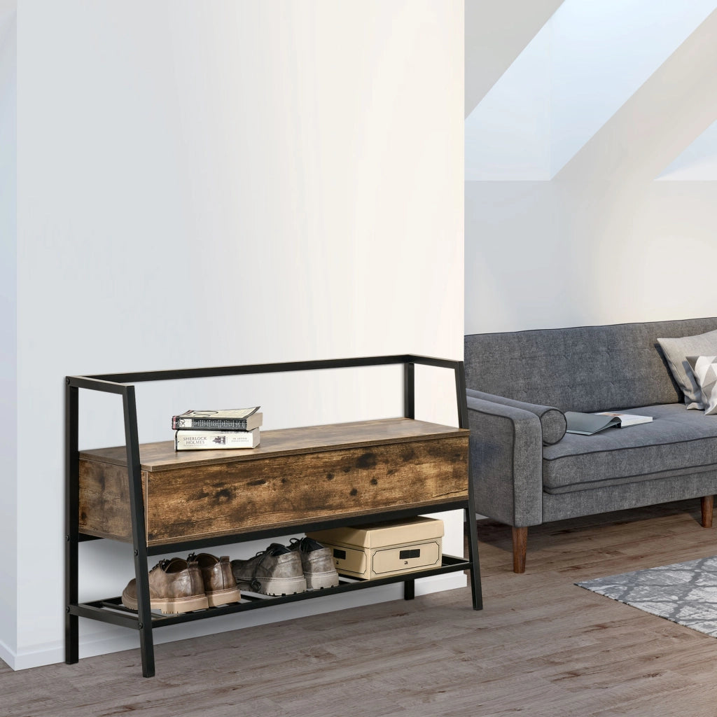 Mobile Scarpiera con Vano e Panca in Stile Industriale ¨C zephmum ¨C Legno e Metallo, Marrone Rustico, 90x37x60cm