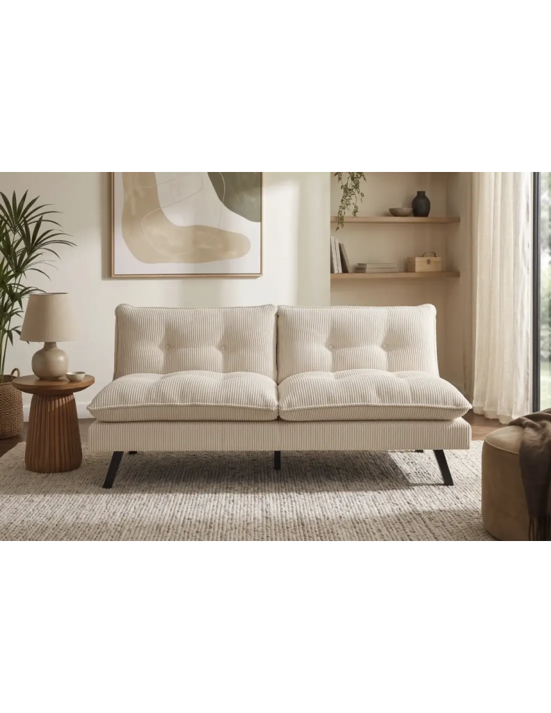 Divano letto AZENA 3 posti in tessuto a coste – Beige chiaro e nero – 190 x 80 x 90 cm