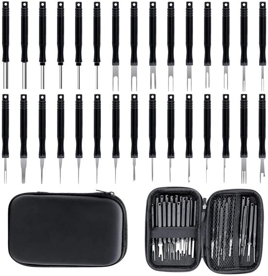 Set di rimozione terminali 30 pezzi, rimozione pin, rimozione connettori auto, set di rimozione terminali con scatola per la maggior parte delle connessioni (nero)