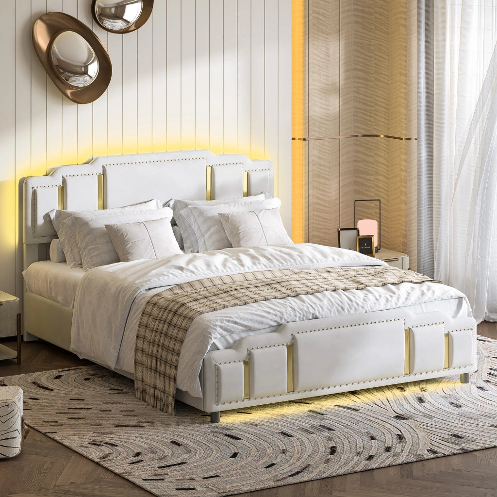 Letto contenitore matrimoniale 160 × 200 cm con sollevamento idraulico, LED e senza materasso, in velluto beige