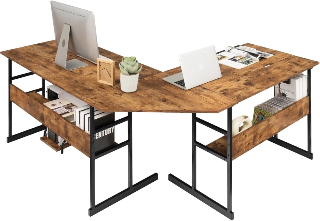 Scrivania ad angolo a forma di L 170 cm, scrivania per computer con 2 ripiani, vassoio inclinabile, supporto per unità centrale, tavolo da computer, poco ingombrante, stile industriale