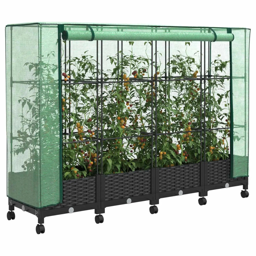 Vaso da Giardino con Copertura per Serra e Ruote 4 pz Nero PP 3423139