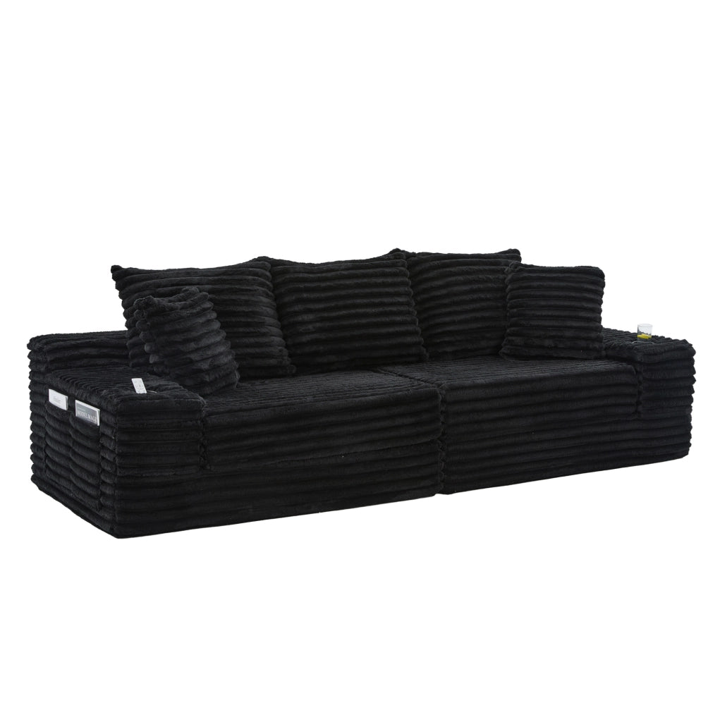 Divano letto 273x98x87 cm in velluto a coste nero con tasche e portabevande