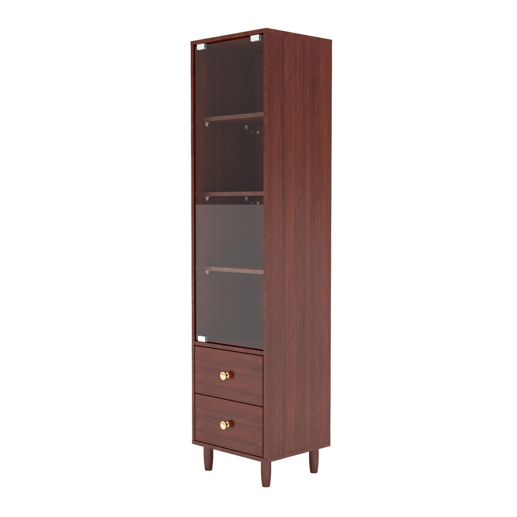 Vetrina alta con LED, anta in vetro e 2 cassetti, mobile contenitore in MDF effetto legno marrone