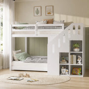 Letto a castello per bambini 90x200 cm con scala contenitore e sponde; bianco