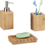 Accessori da bagno in bambù set 3 pezzi con spazzola per sapone - cassetto per sapone - holder per spazzola da denti - naturale