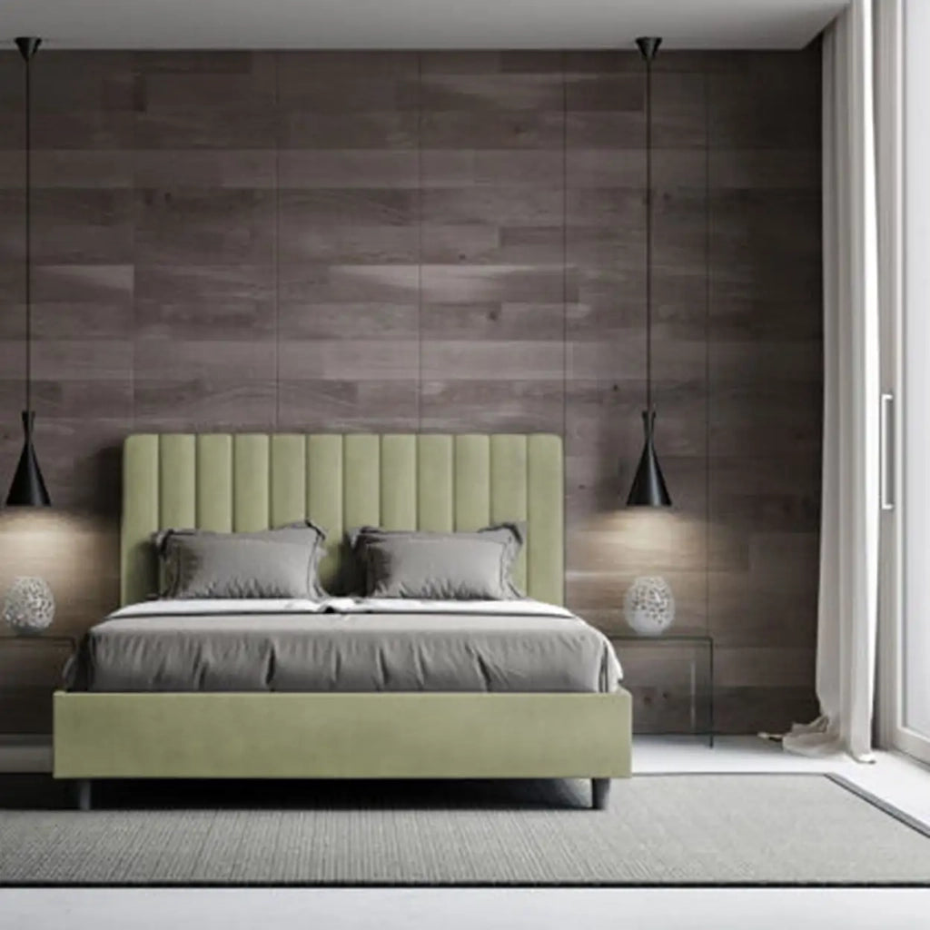 Letto matrimoniale contenitore doppia alzata imbottito 160x190 microfibra tè verde Agueda