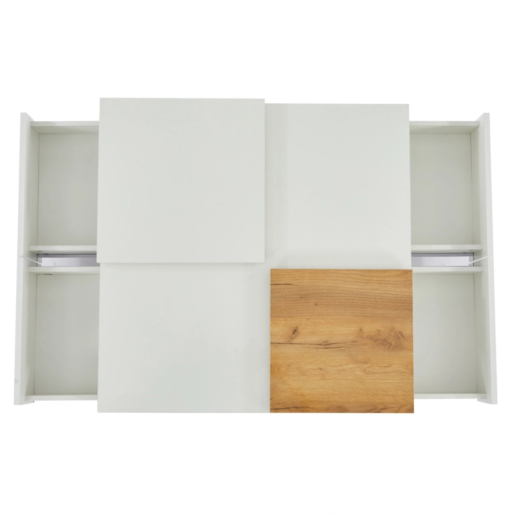 Tavolino da caffè 75x75x33.5 cm con 4 cassetti nascosti; piano lucido in pannello truciolare bianco