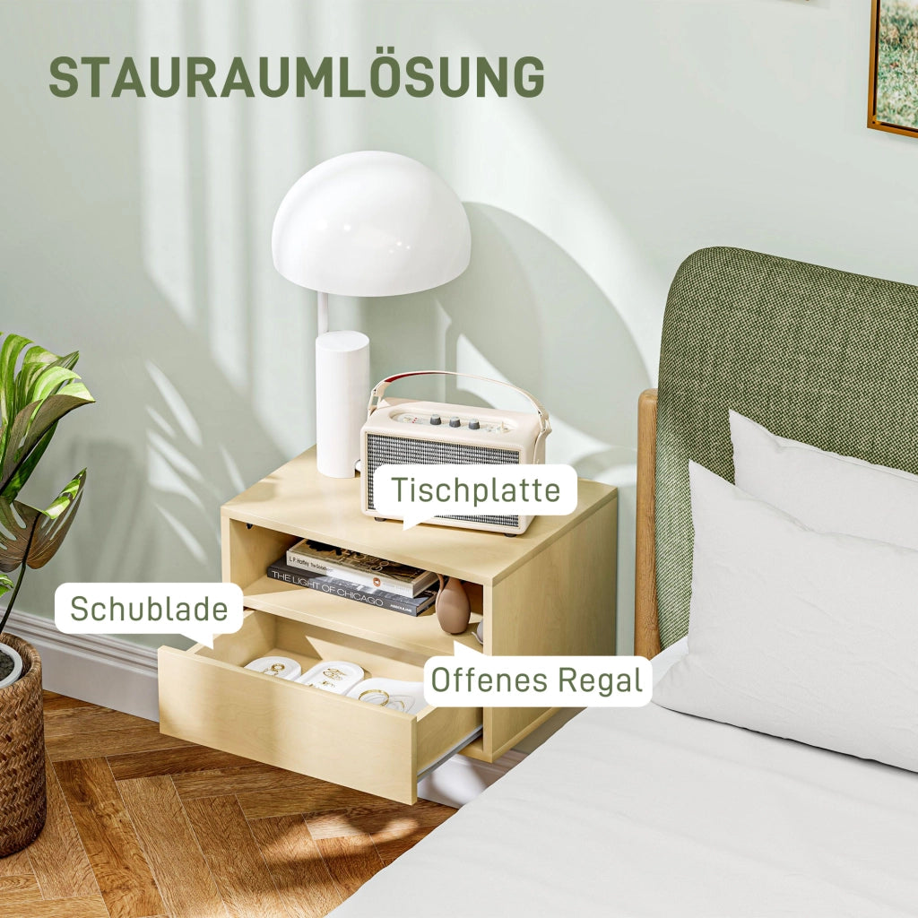 Comodino sospeso con cassetto e ripiano aperto per camera da letto e soggiorno in legno naturale 45 × 35 × 27,5 cm