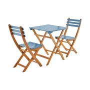 Set tavolo da giardino in legno di acacia con 2 sedie pieghevoli, blu