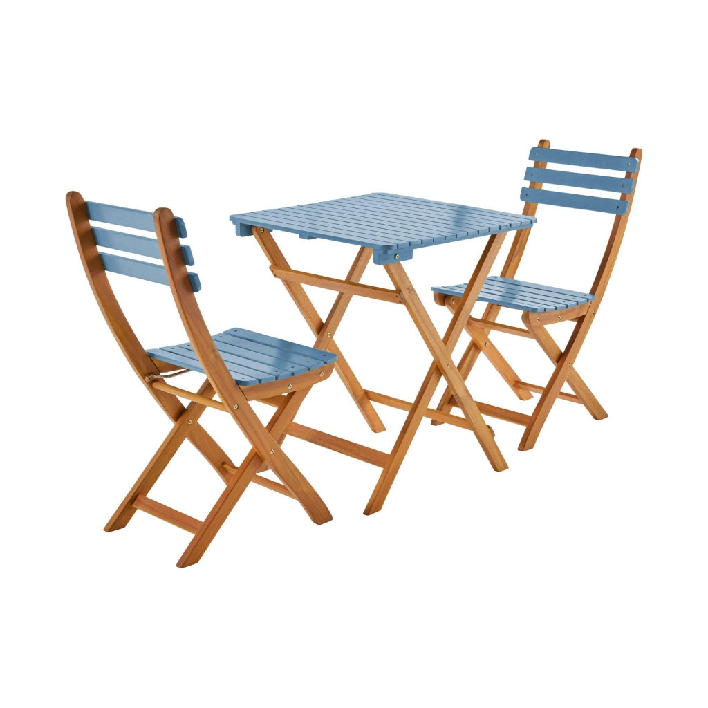 Set tavolo da giardino in legno di acacia con 2 sedie pieghevoli, blu