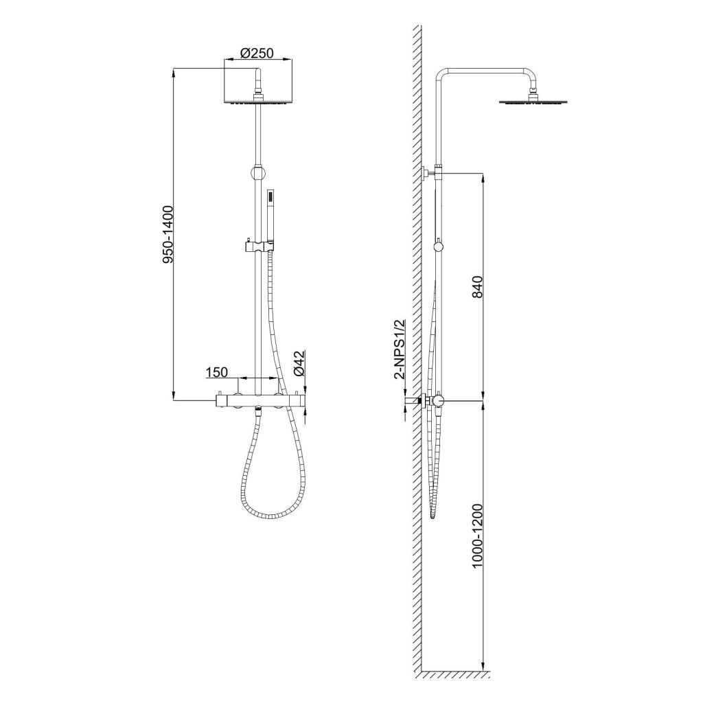 SINED Doccia da Parete in Acciaio Inox 316L Oro Rosa Installazione Interna ed Esterna Ingresso Acqua Calda e Fredda Doppio Miscelatore Soffione da 25 cm - Modello Levante
