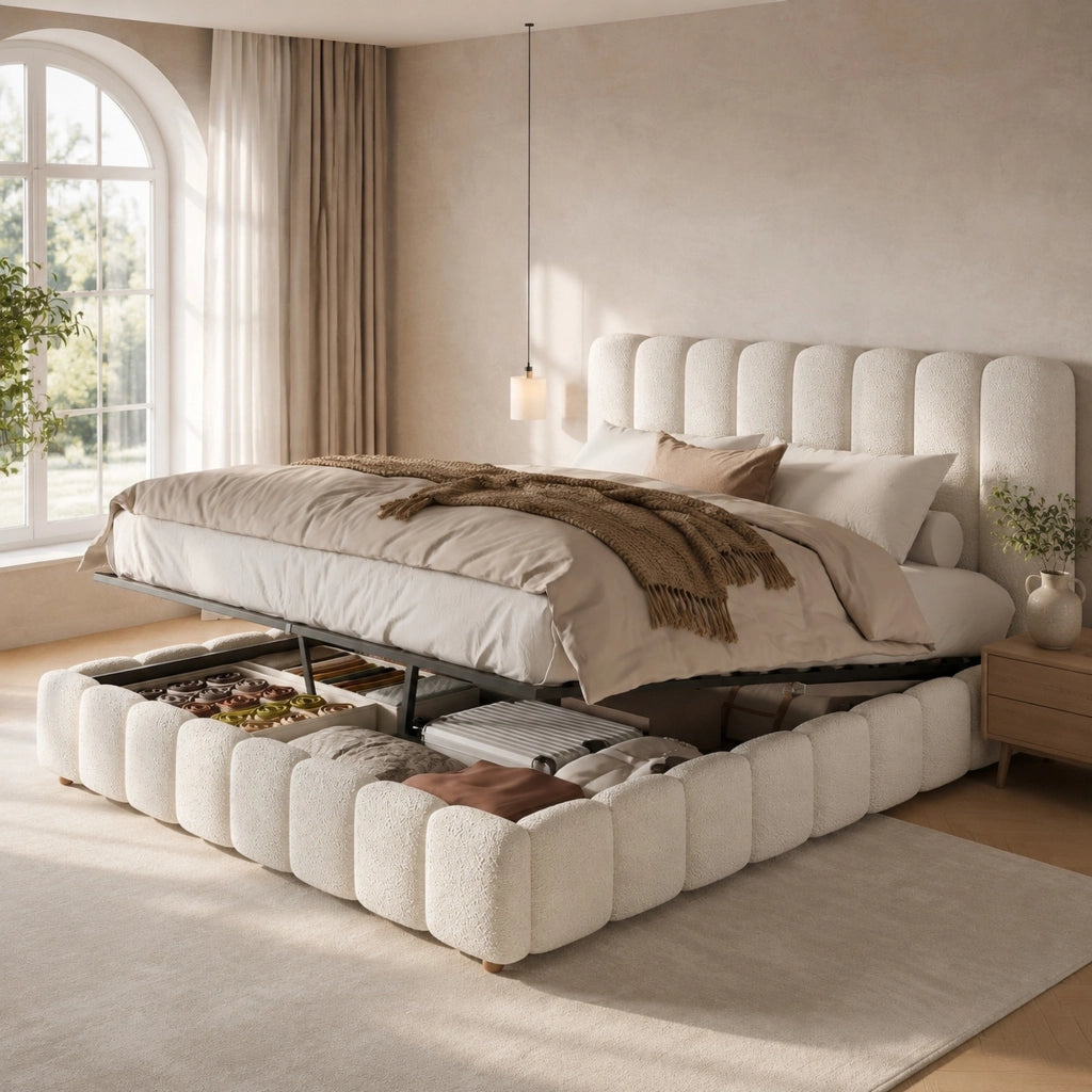 Letto matrimoniale contenitore 160x200 cm in bouclé bianco