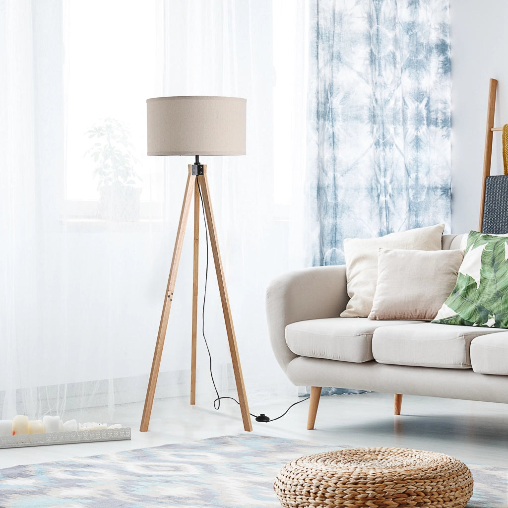 Lampada a Treppiede Stile Scandinavo ¨C zephmum ¨C Legno di Pino Lino Beige 45x45x152 cm