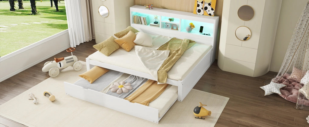 DESMIU Litto a banquette 140 × 200 cm con luce LED, vano laterale, letto estraibile, USB, senza materasso, bianco