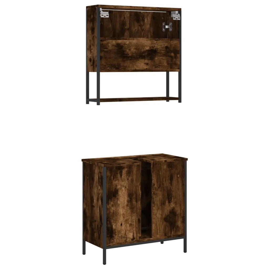 Set Mobili da Bagno | Armadio da bagno 2 pz Rovere Fumo in Legno Multistrato