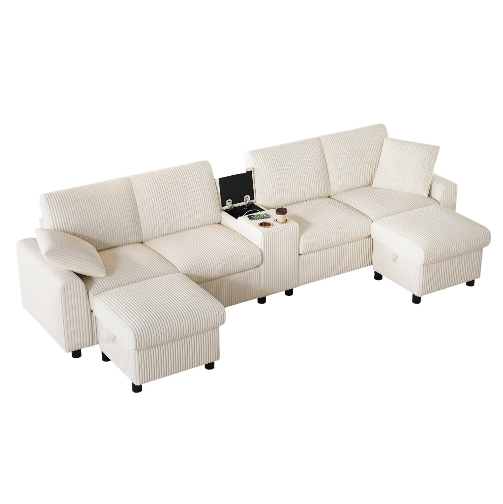 Divano a U ULEVR 315x135 cm in velluto a coste beige con 2 pouf contenitore, tavolino, prese USB e Type-C