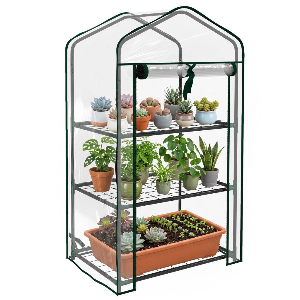 Mini Serra da Giardino con Copertura in PE, 3 Ripiani e Porta Avvolgibile, 59x39x127 cm, Trasparente