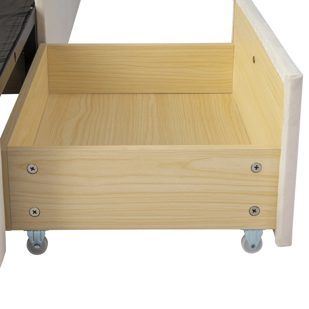 Letto 140x200 cm con contenitore idraulico; 3 cassetti e LED in velluto beige