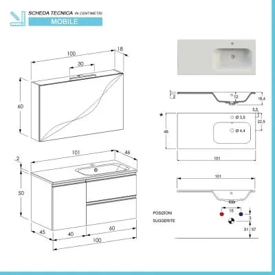 Mobile bagno sospeso 100 cm rovere miele con cassetti e anta completo di lavabo a destra e specchio Master