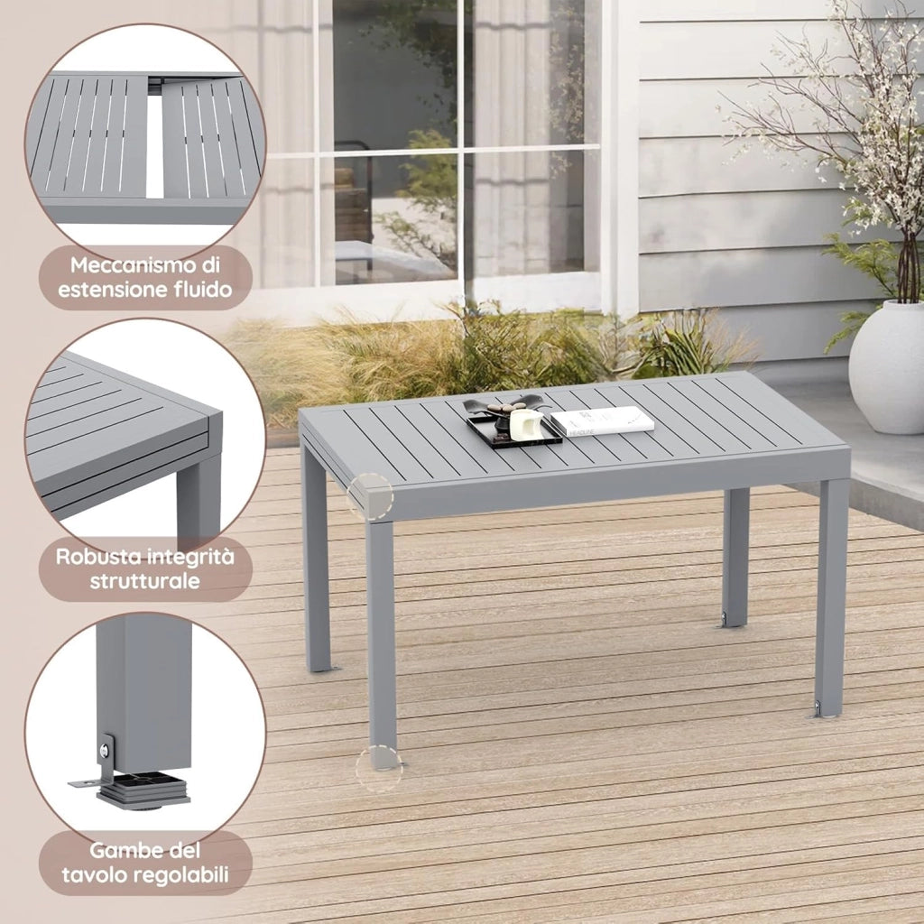 Tavolo da giardino, estensibile, 80/160 x 80 x 75 cm, tavolino allungabile in alluminio, per balcone, resistente alle intemperie, estensibile, tavolo da pranzo all'aperto, grigio Chiaro