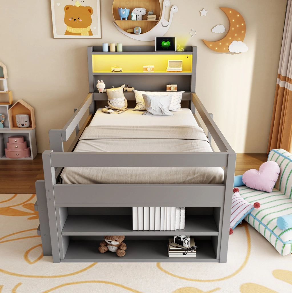 Letto multifunzione per bambini 90x200 cm in legno grigio con ripiani; LED e USB