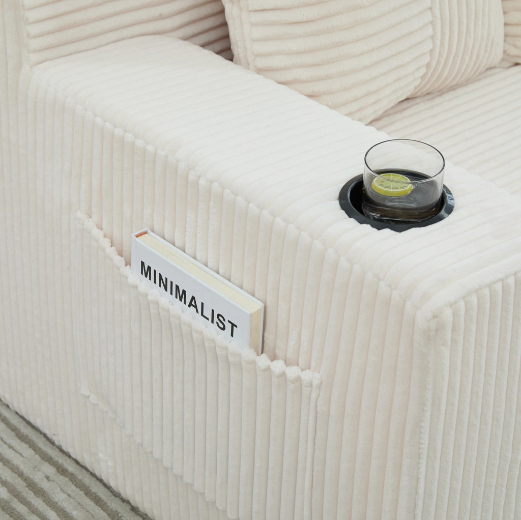 Pouf divano moderno 151x133x64 cm in corduroy beige con tasche laterali e cuscini