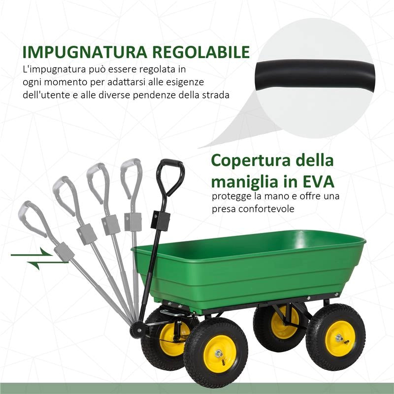 CARRELLO DA GIARDINO 125L IN ACCIAIO E PP CON VASCA RIBALTABILE E MANIGLIA, 118X58X102 CM, VERDE