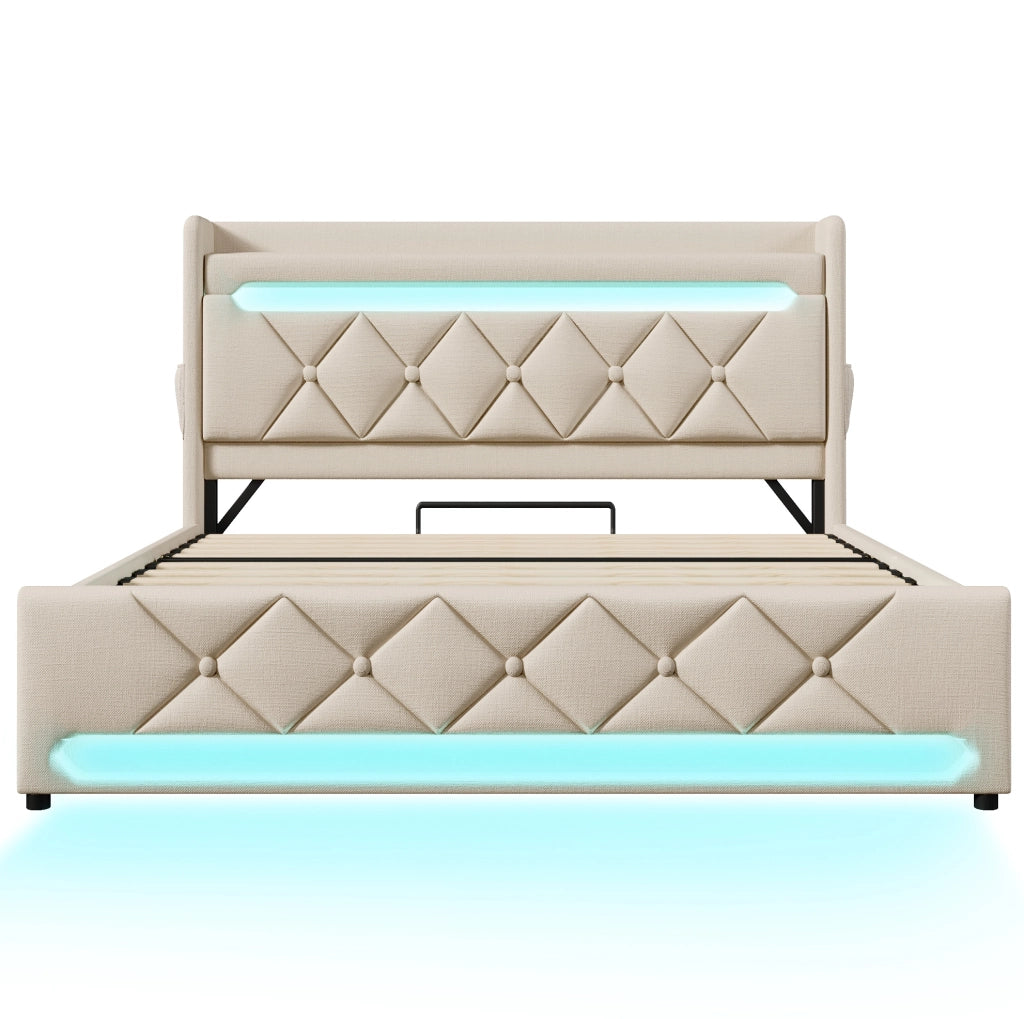 Letto imbottito ULEVR 140x200 cm con contenitore idraulico, LED 360¡ã, USB e Type-C, lino beige