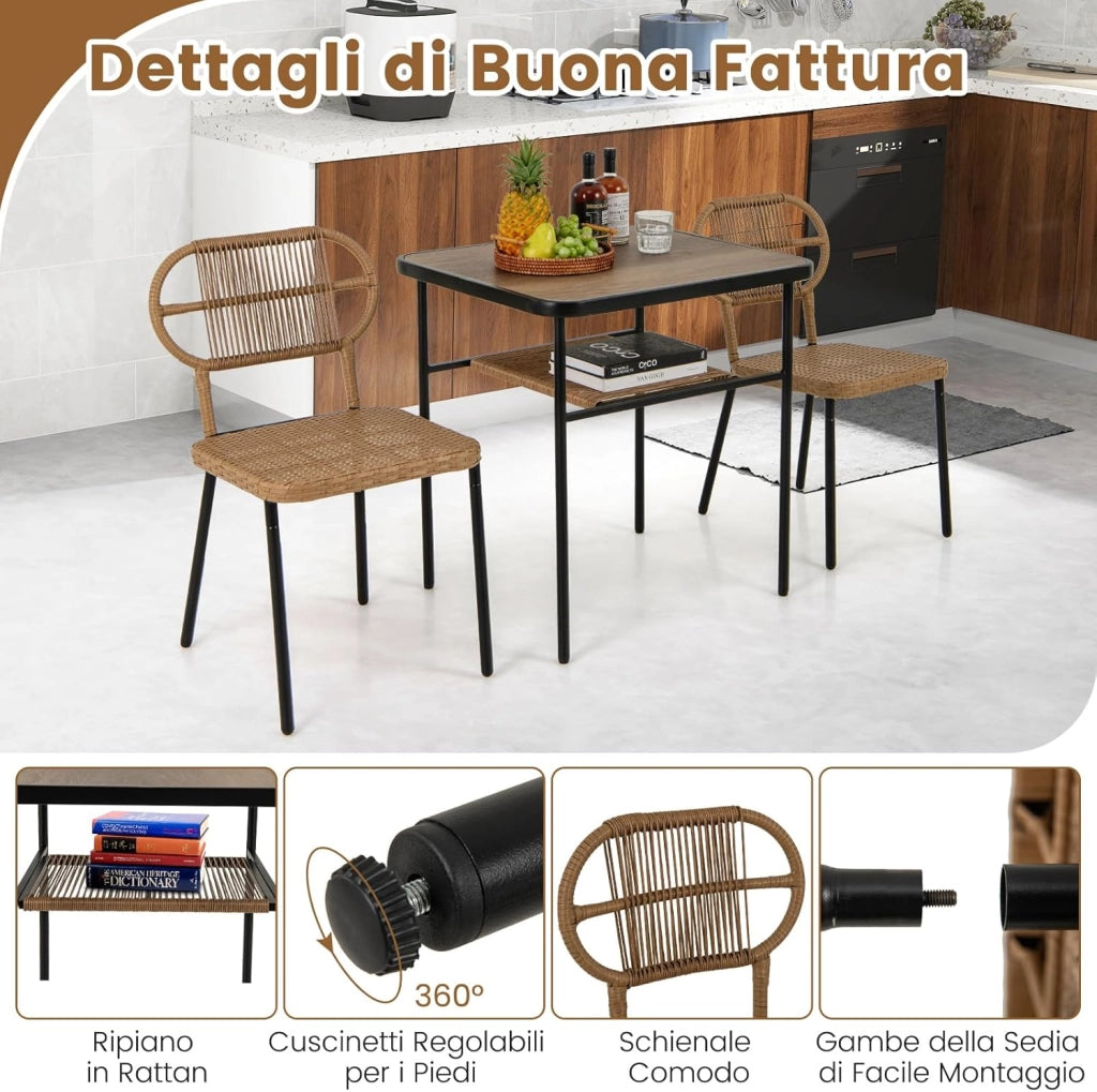 Salottino da Esterno in Rattan e Metallo, Set da Giardino con 2 Sedie Impilabili e Tavolo con Ripiano, Set di Conversazione per Patio e Pranzo