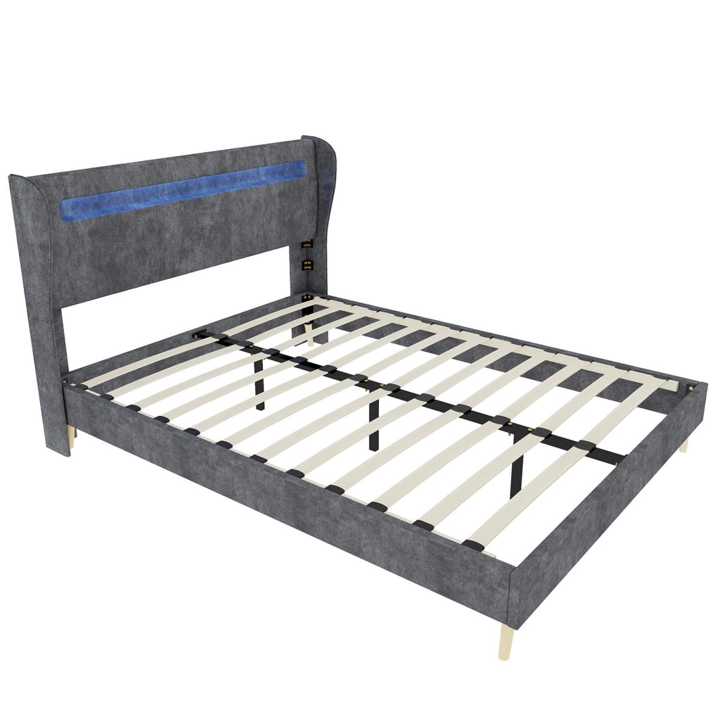 Letto basso 140x200 cm con testiera regolabile e LED multicolore; tessuto e metallo; grigio