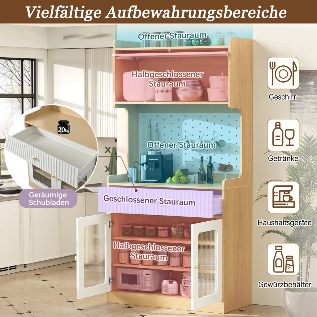 Credenza alta con LED, 1 cassetto, ripiani regolabili e anta a ribalta, per cucina e soggiorno, 80 × 40 × 180 cm